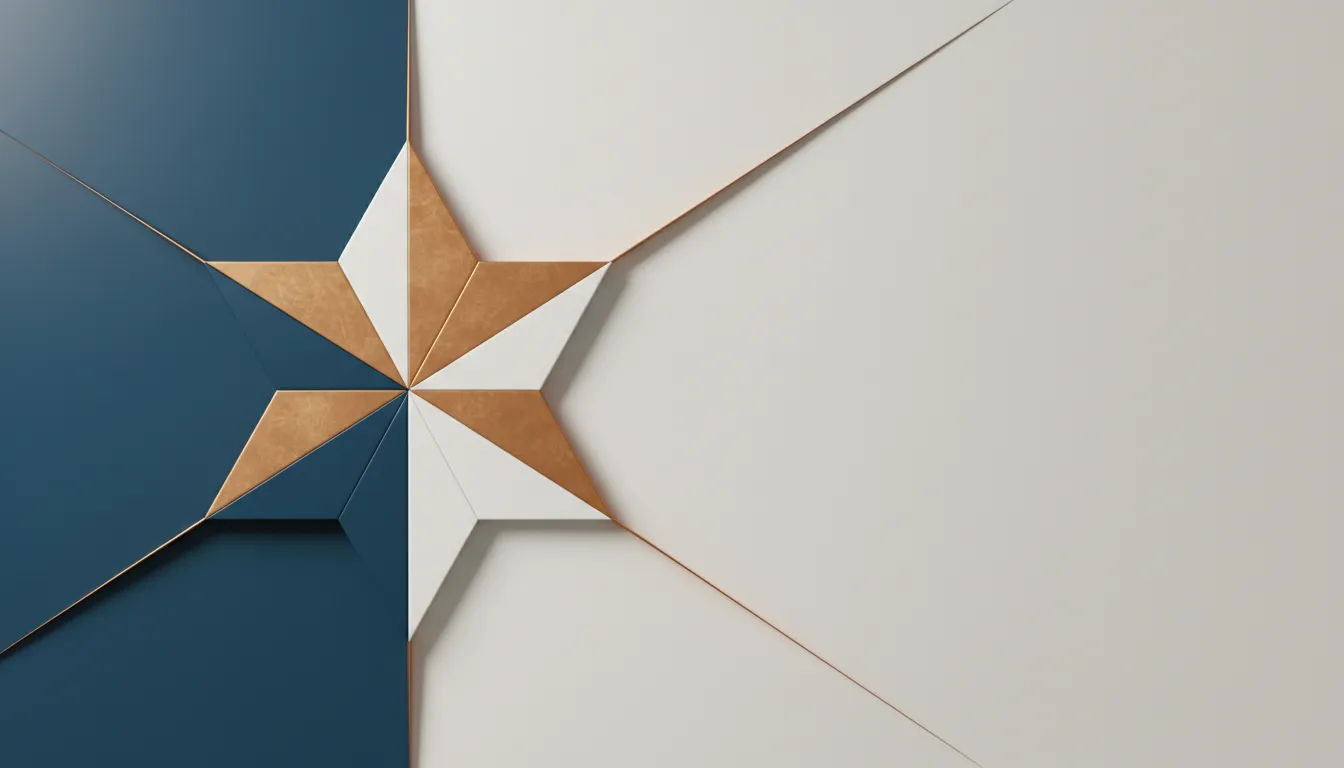 Três planos geométricos em azul petróleo, cobre e off-white se cruzando em um nó central, formando composição tridimensional abstrata sobre fundo claro
