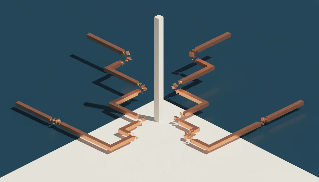 Composição geométrica abstrata em petróleo e cobre com quatro trajetórias interrompidas convergindo para uma linha vertical sólida sobre fundo bege