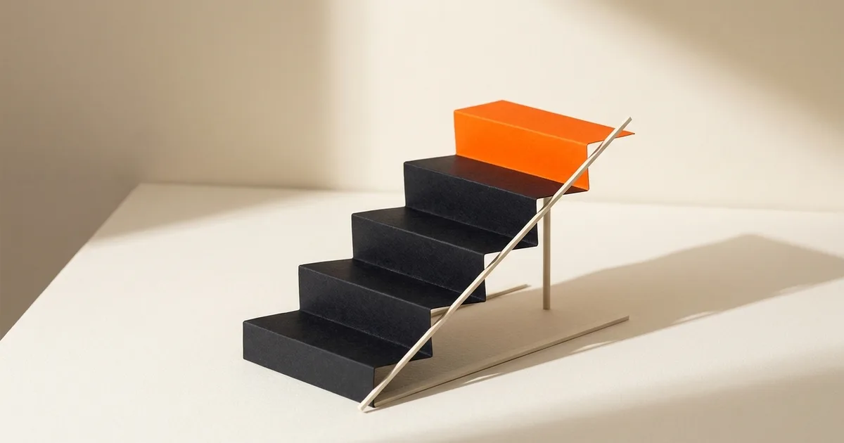 Escada de degraus de papel marfim e carbono sobre mesa clara, com o degrau mais alto em laranja e uma sombra longa de luz de janela.