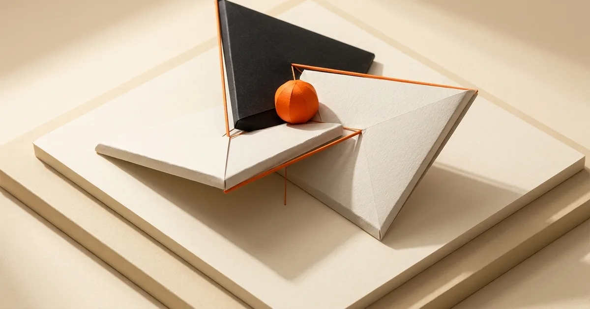Três planos de papel dobrado, um preto e dois marfim, encaixados num único ponto, com uma pequena esfera laranja na junção.