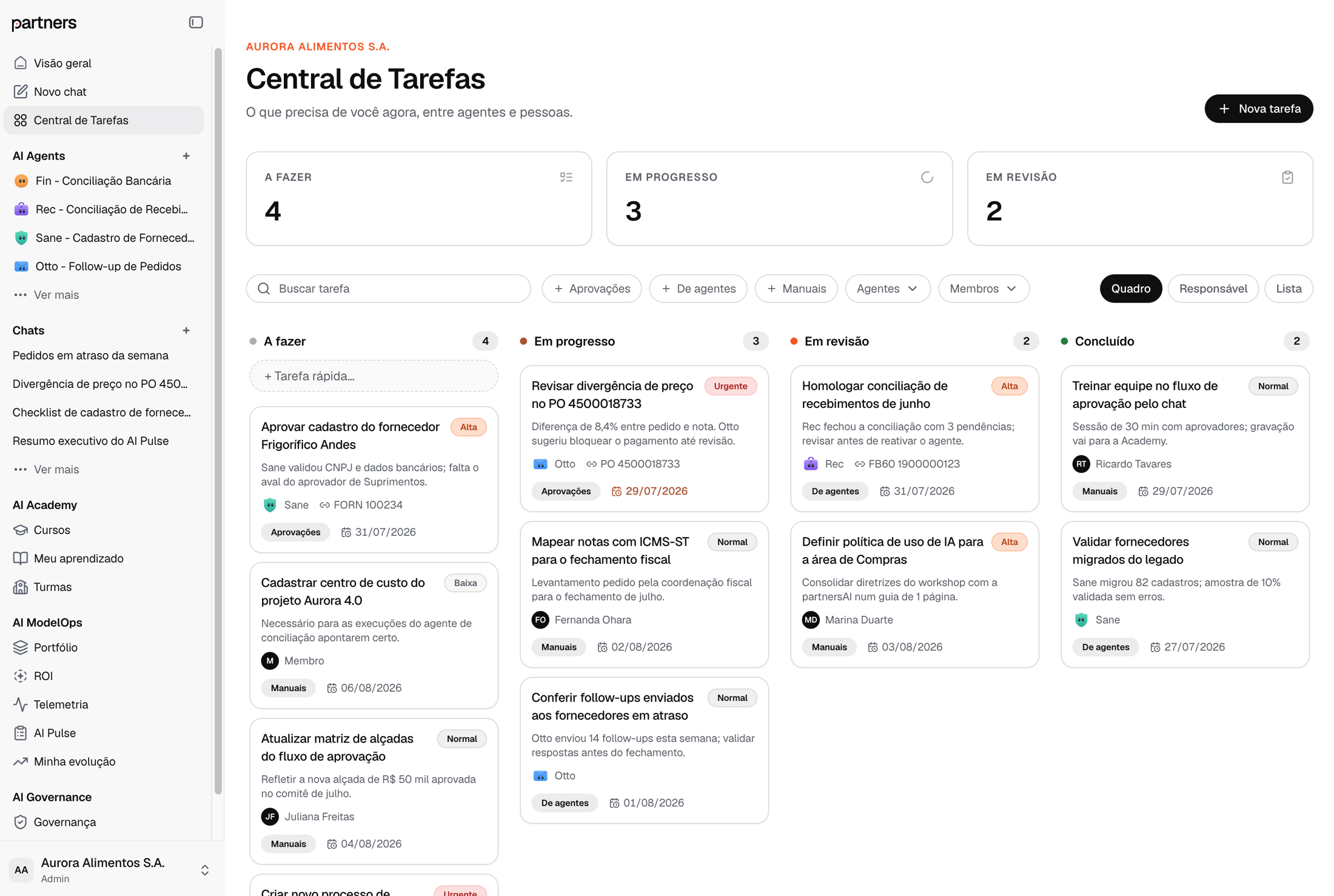 Central de Tarefas da plataforma partnersAI: quadro com tarefas a fazer, em progresso, em revisão e concluídas, criadas por agentes e por pessoas, com filtro de aprovações