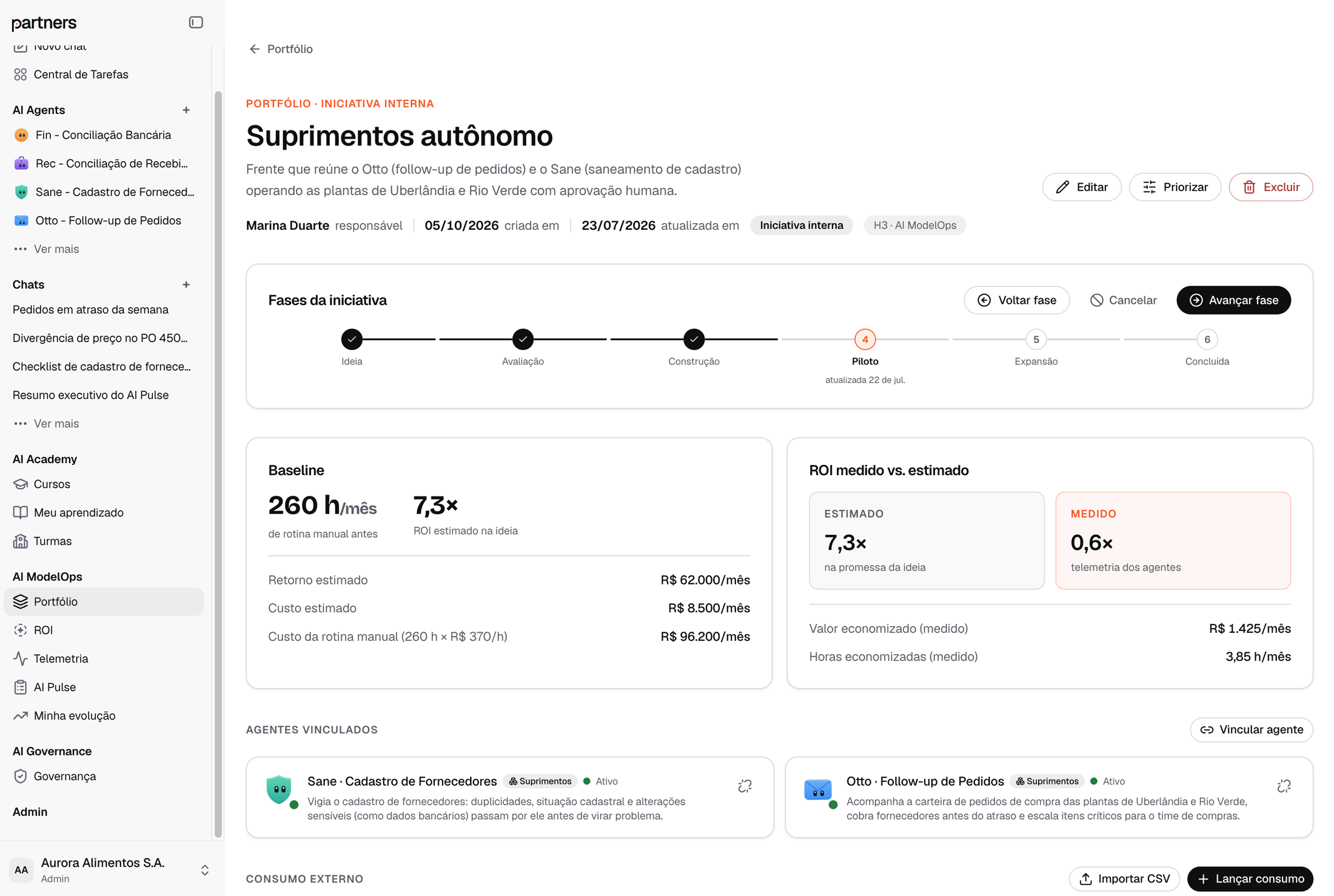 Detalhe de uma iniciativa no ModelOps: fases da iniciativa, baseline, ROI medido contra estimado e agentes vinculados