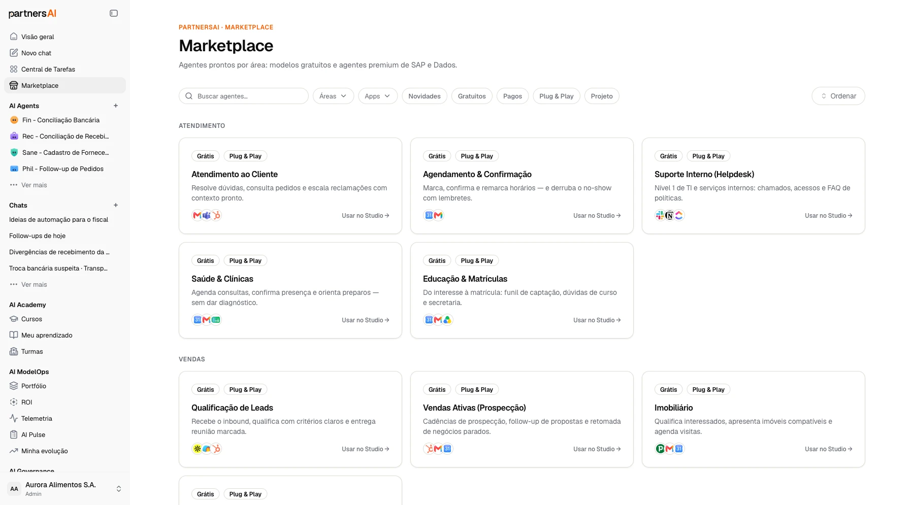 Marketplace da partnersAI: agentes prontos por área, com busca e filtros por apps