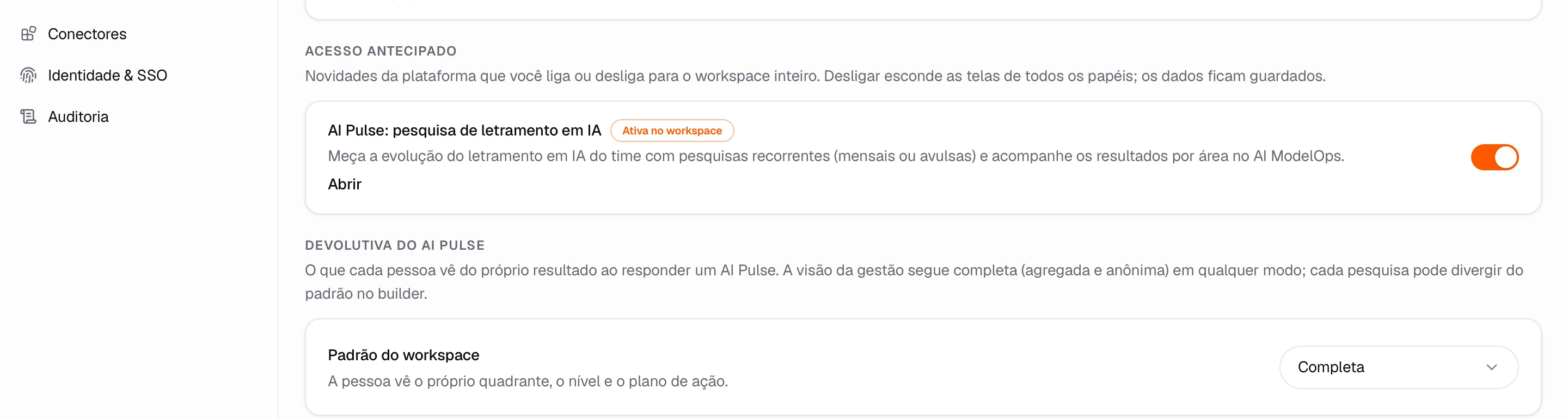 Acesso antecipado em Configurações, Permissões, com o AI Pulse ativado no workspace