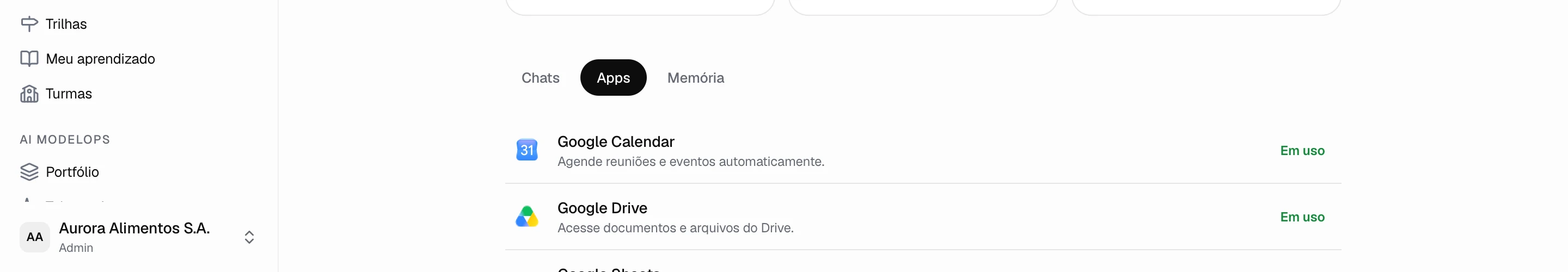 Apps do agente com Google Calendar e Google Drive em uso