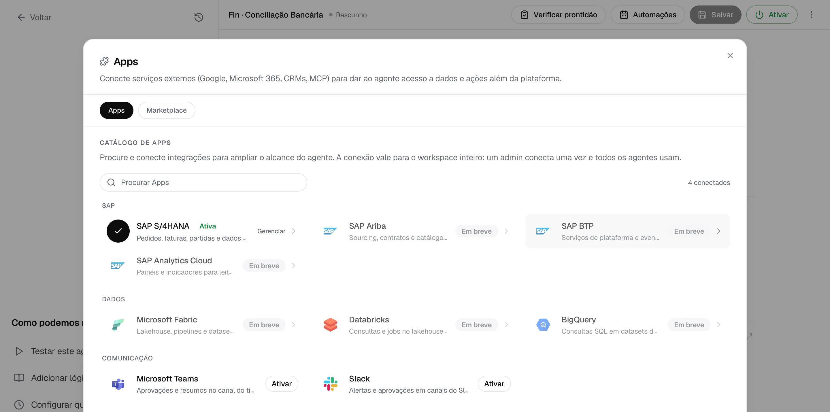 Seção SAP do catálogo: S/4HANA ativa; Ariba, BTP e Analytics Cloud em breve