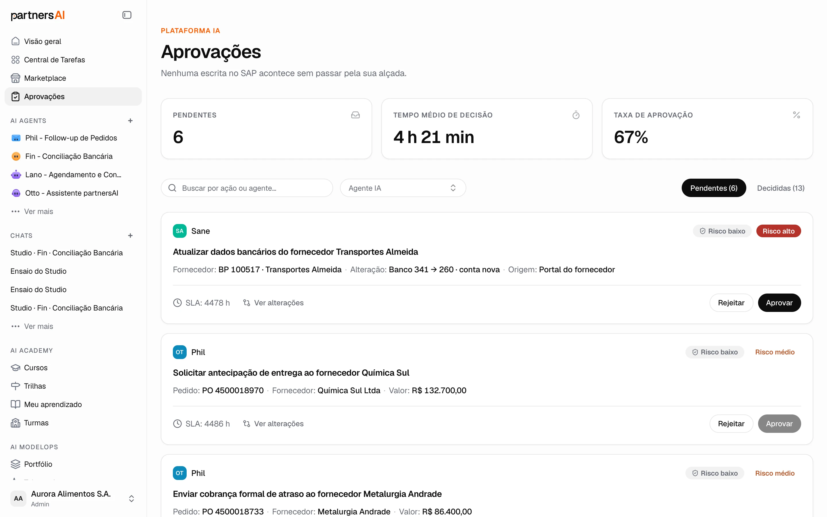 Fila de Aprovações com pendências, nível de risco e os botões Aprovar e Rejeitar