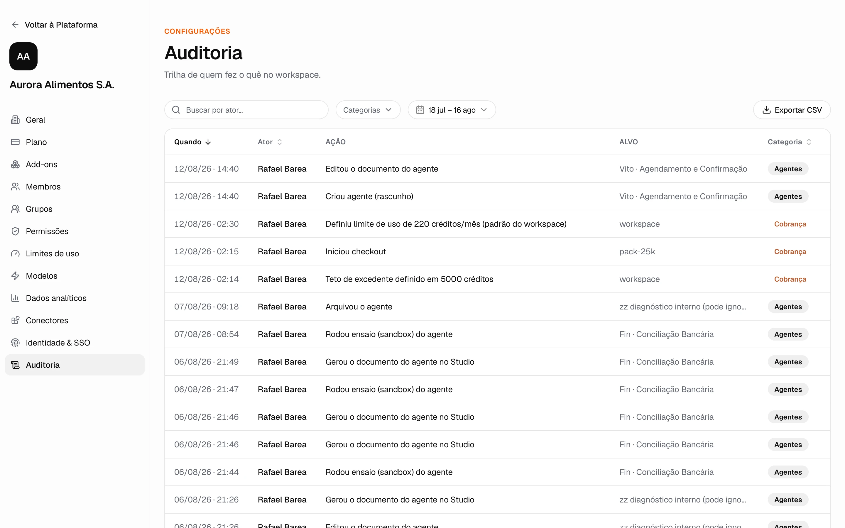Auditoria: trilha de quem fez o quê no workspace, com exportação em CSV