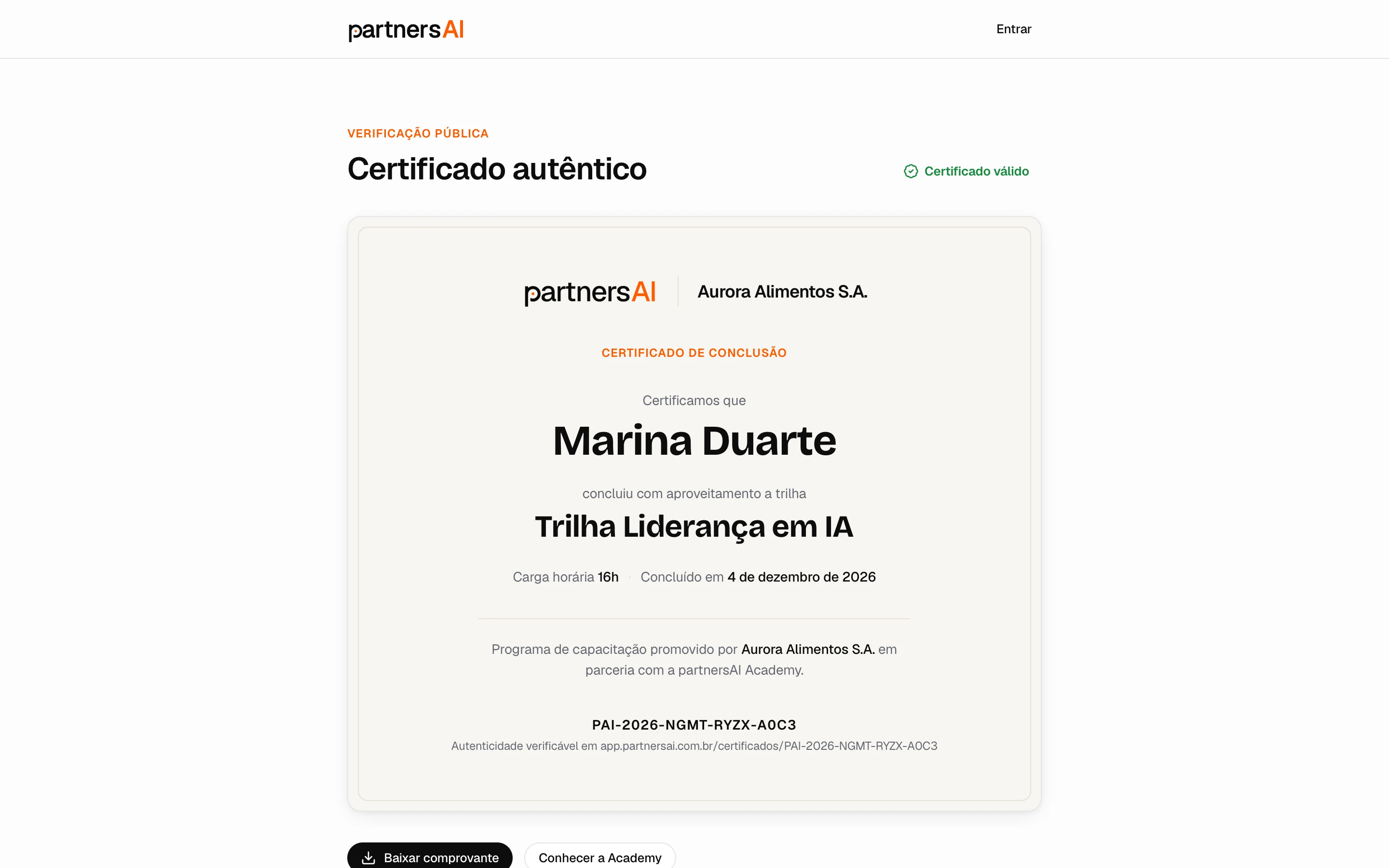 Página pública de validação: certificado autêntico, sem precisar de login