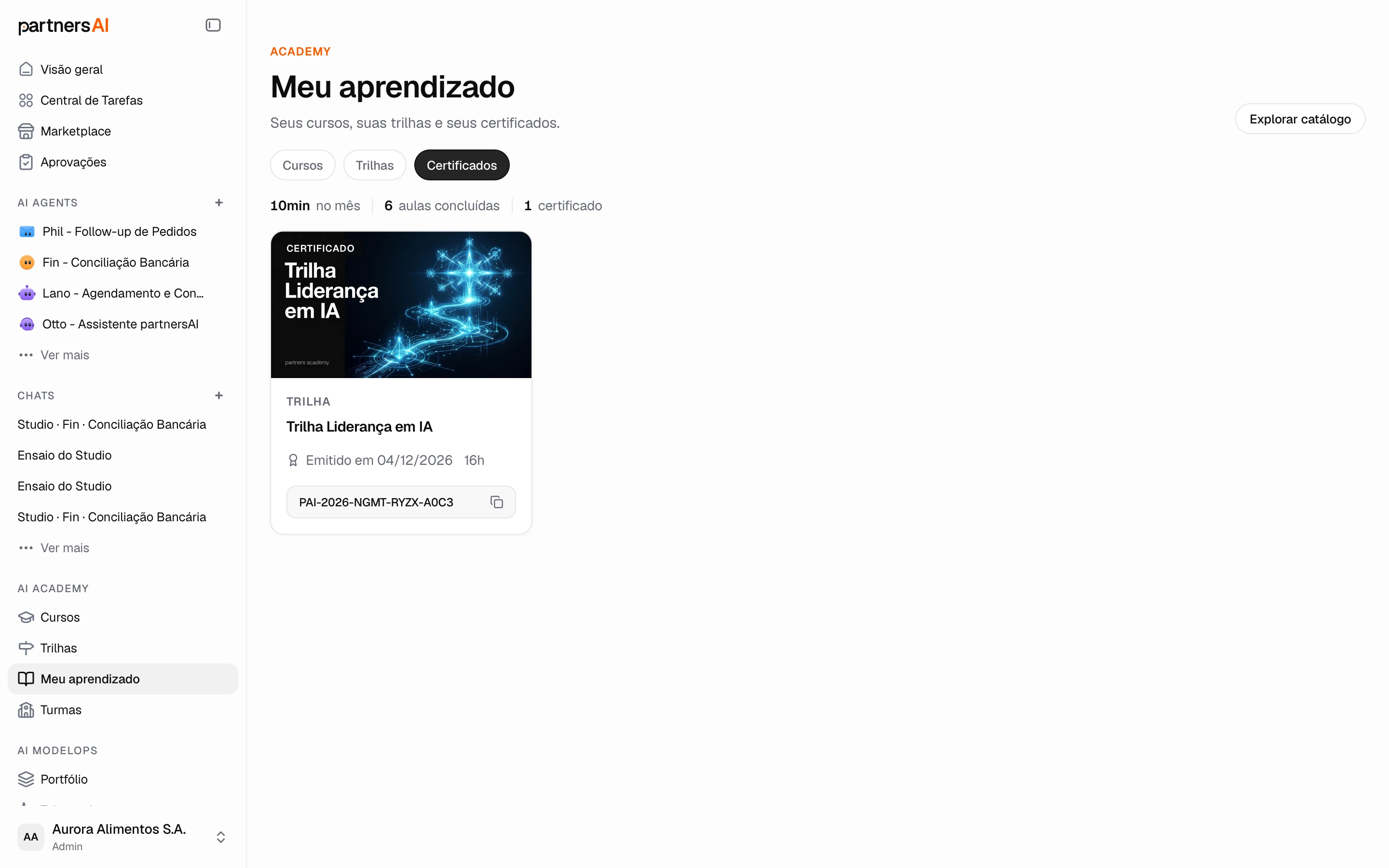 Aba Certificados em Meu aprendizado, com o código de validação