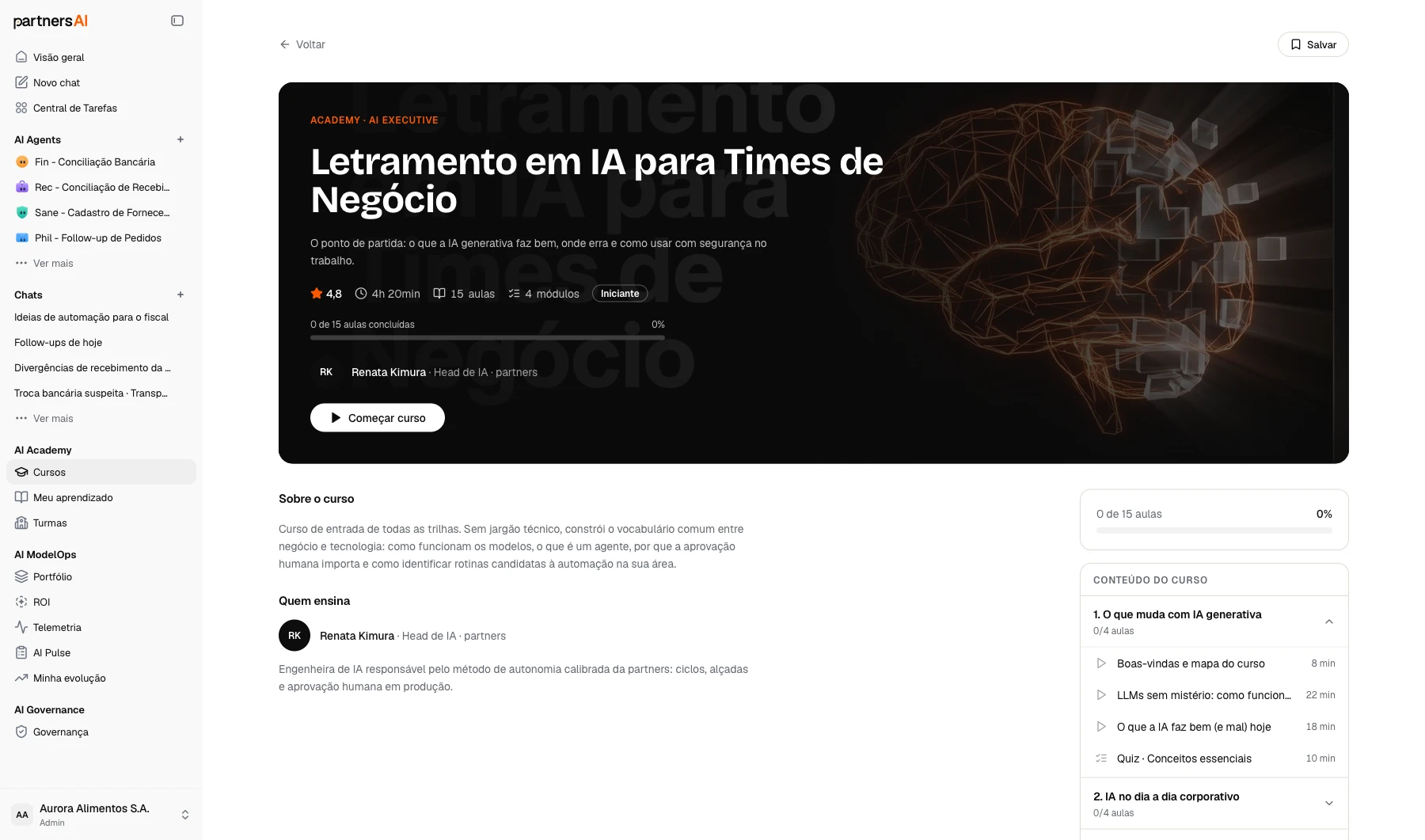 Página de um curso na AI Academy, com conteúdo por módulos e Começar curso