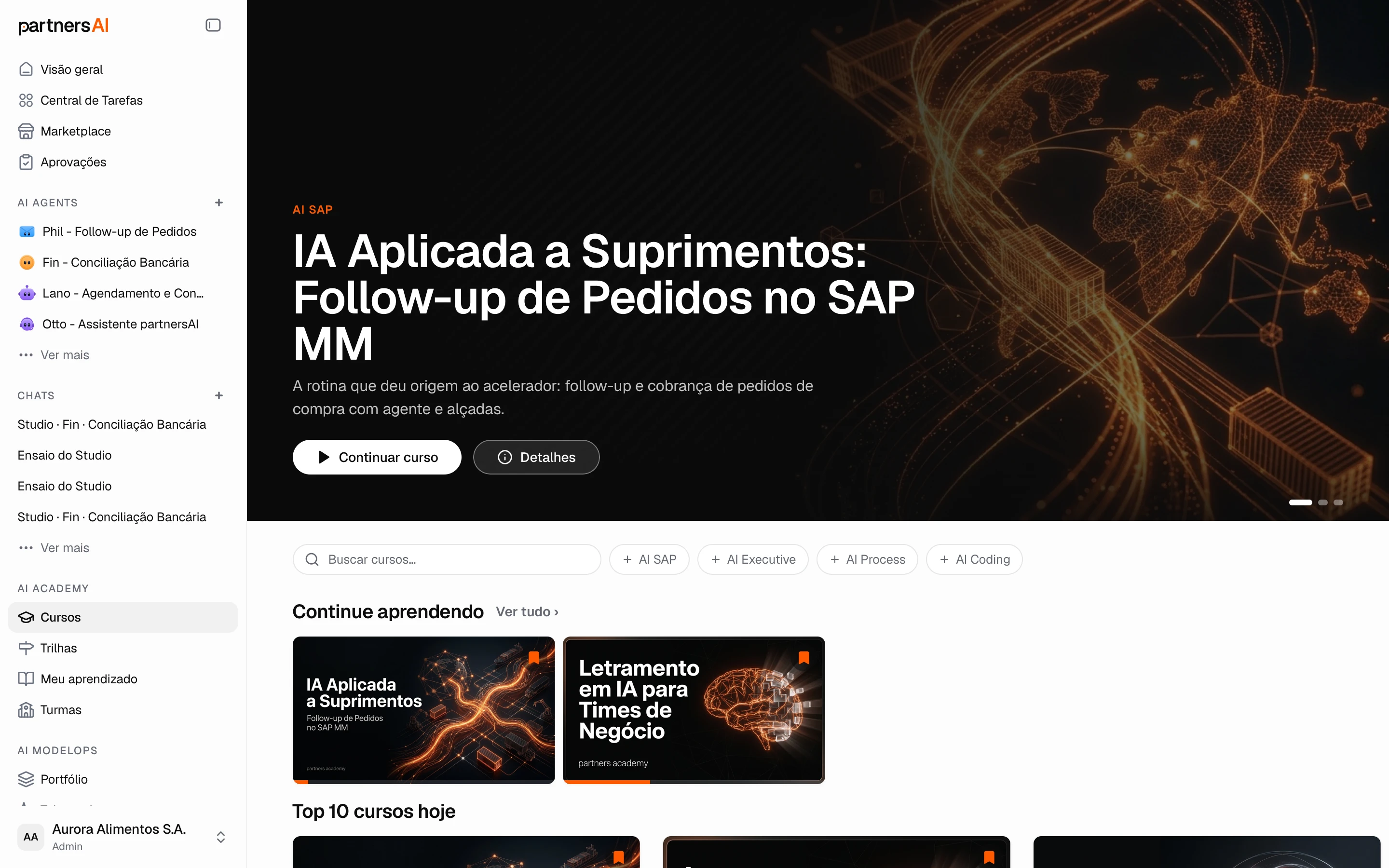 Catálogo de Cursos com destaque, busca e filtros por área