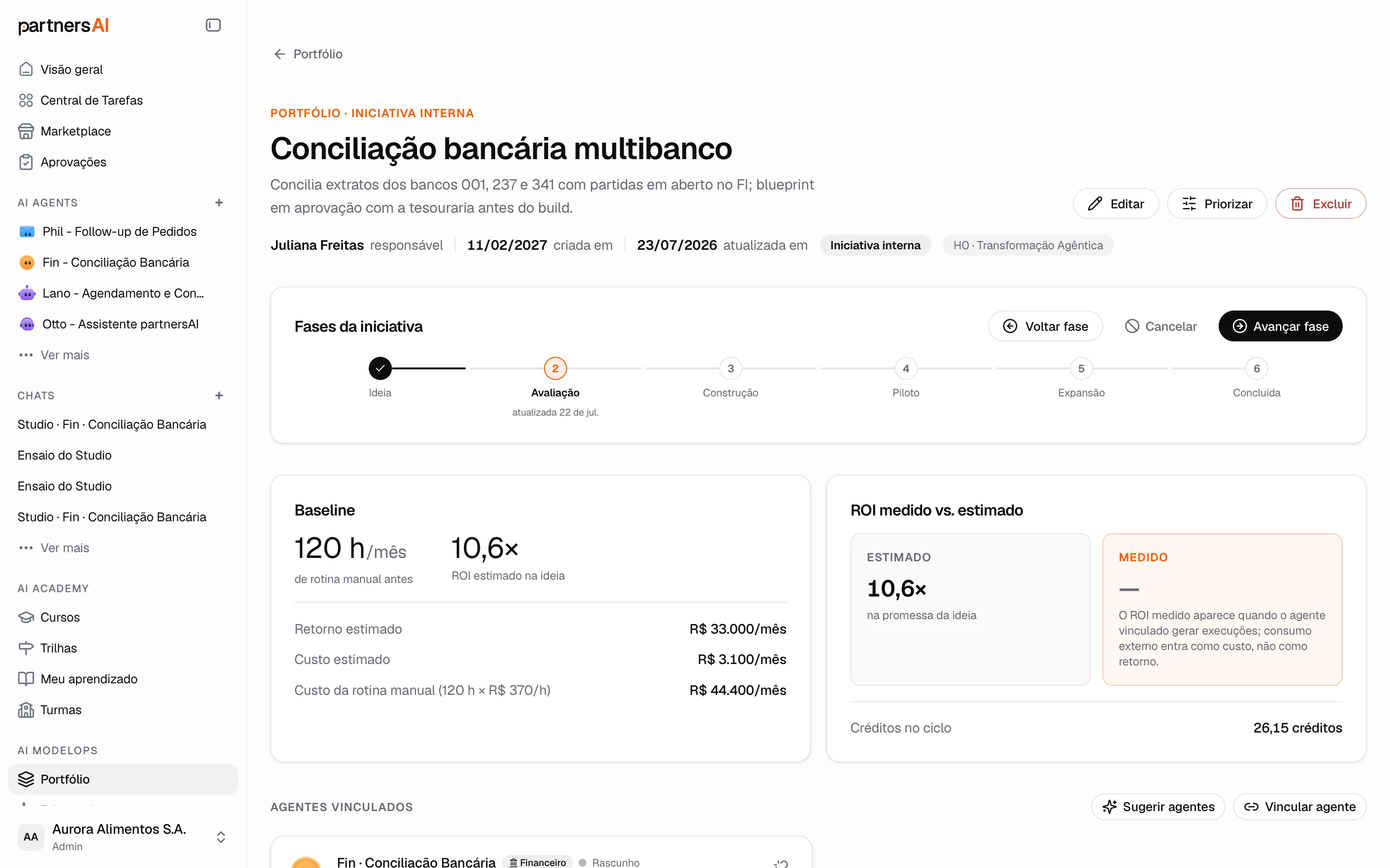 Na iniciativa, o ROI medido aparece ao lado do estimado, com consumo como custo