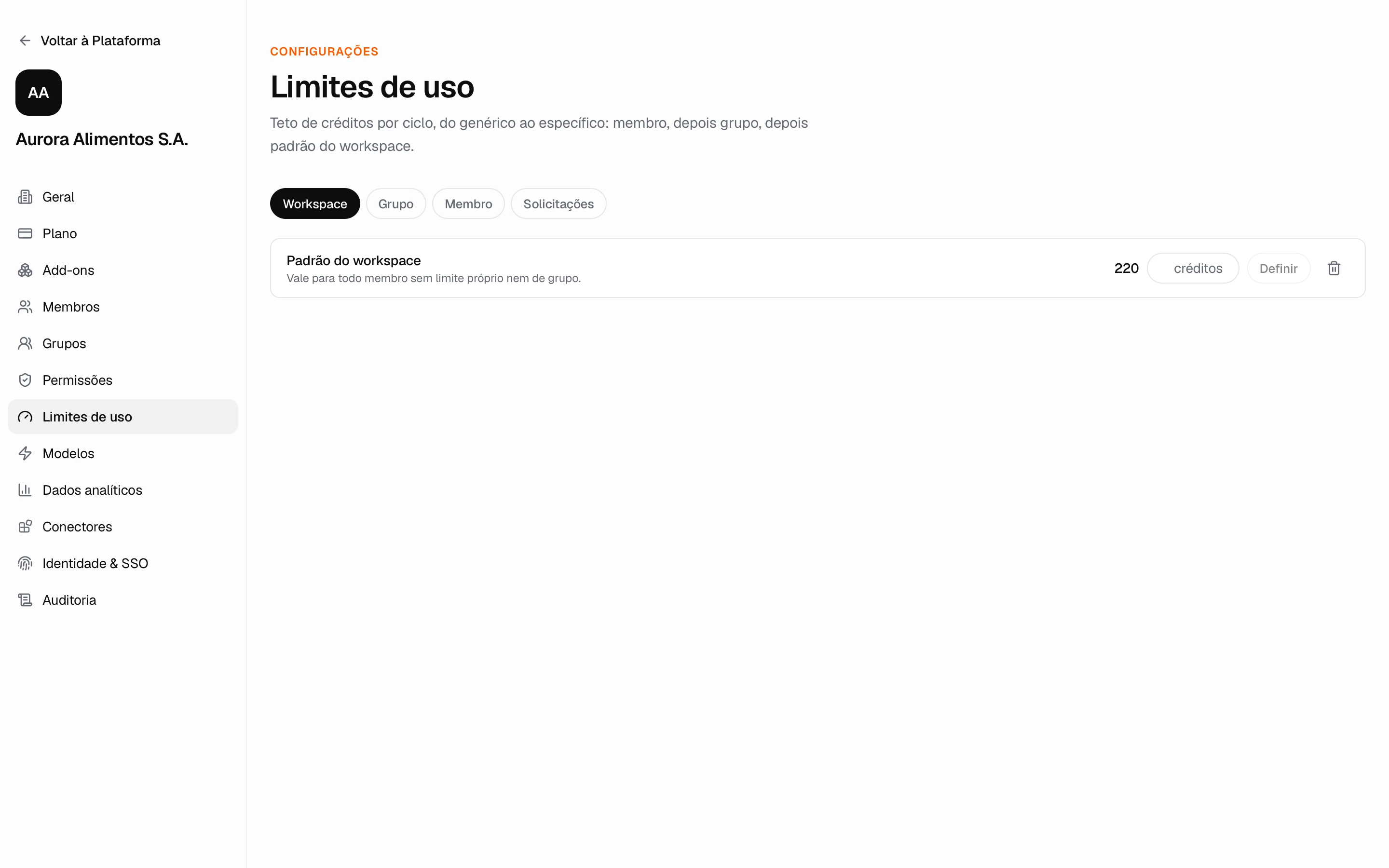 Limites de uso: teto de créditos por workspace, grupo e membro