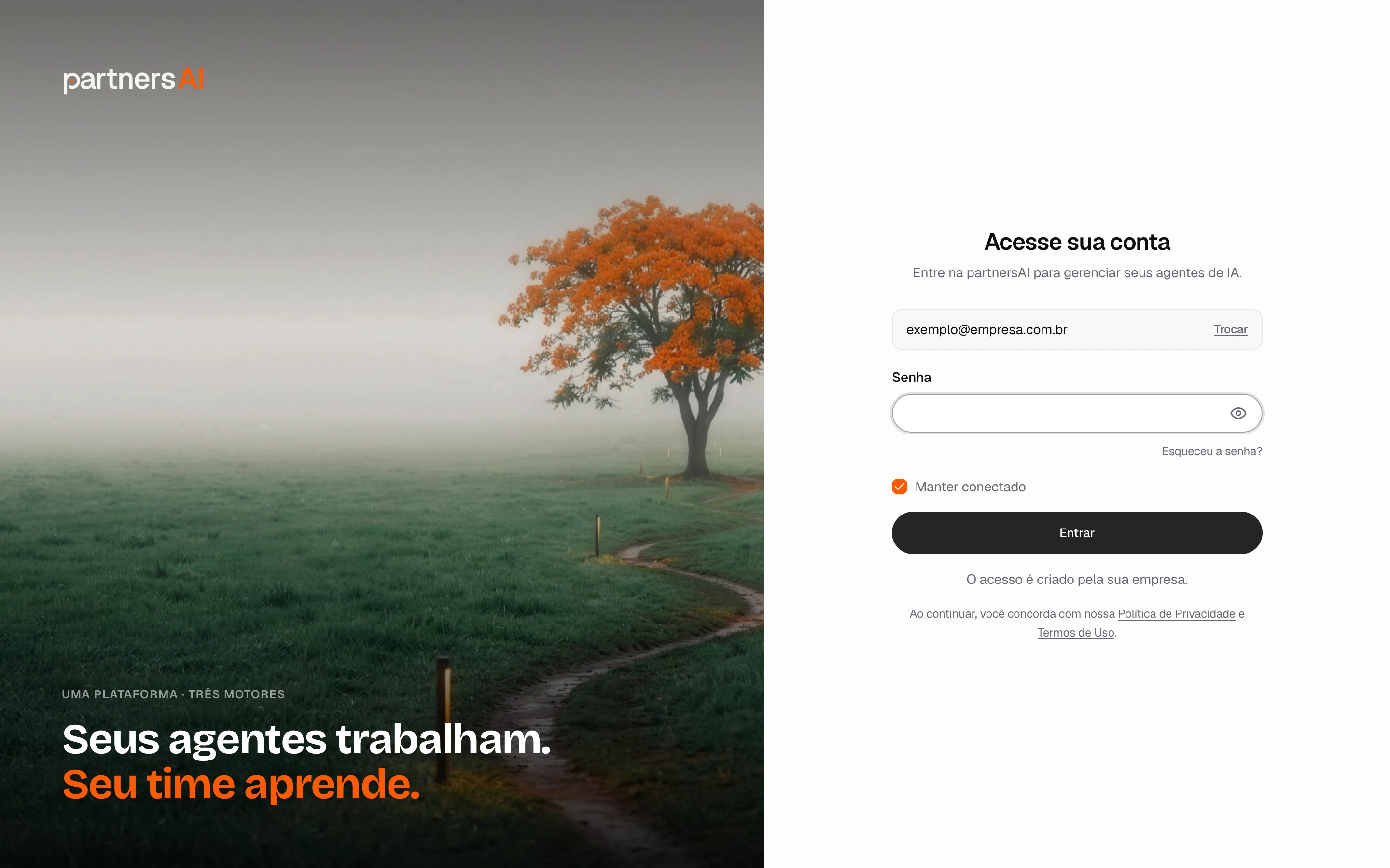 Passo da senha no login: campo de senha, Esqueceu a senha? e a opção Trocar o e-mail