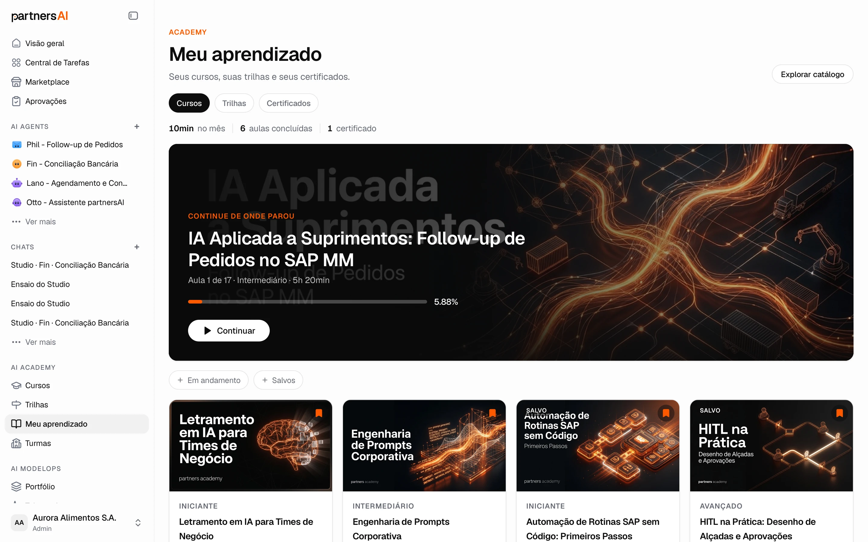 Meu aprendizado: continue de onde parou, cursos em andamento e certificados
