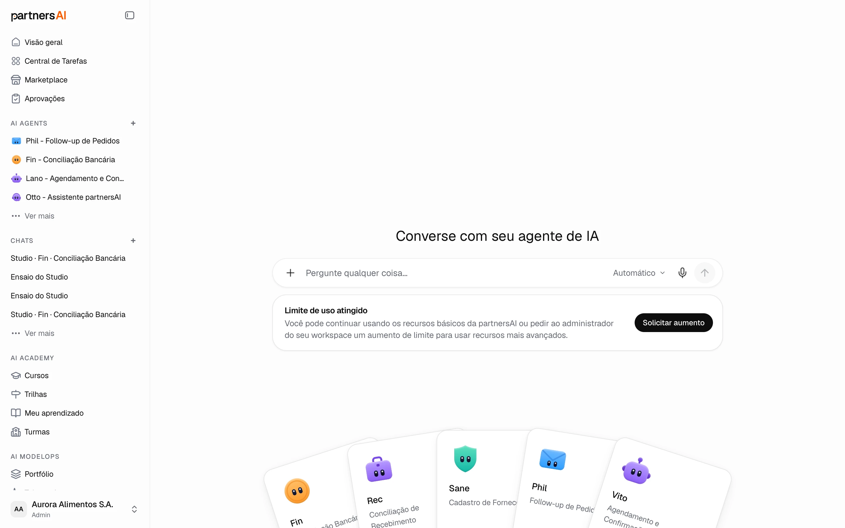 Novo chat: escolha um agente do workspace e pergunte qualquer coisa