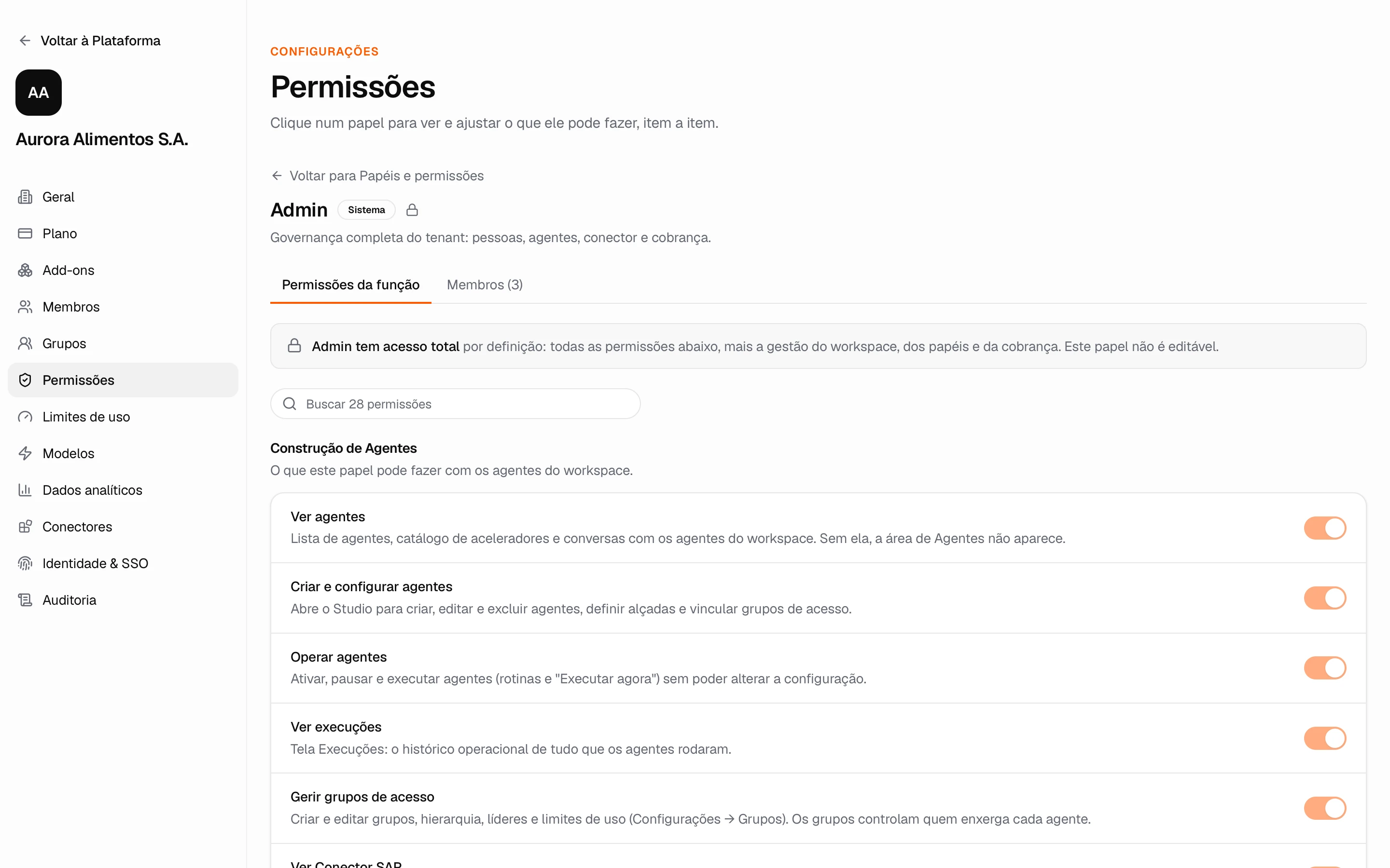 Papel aberto: as permissões da função item a item, com busca