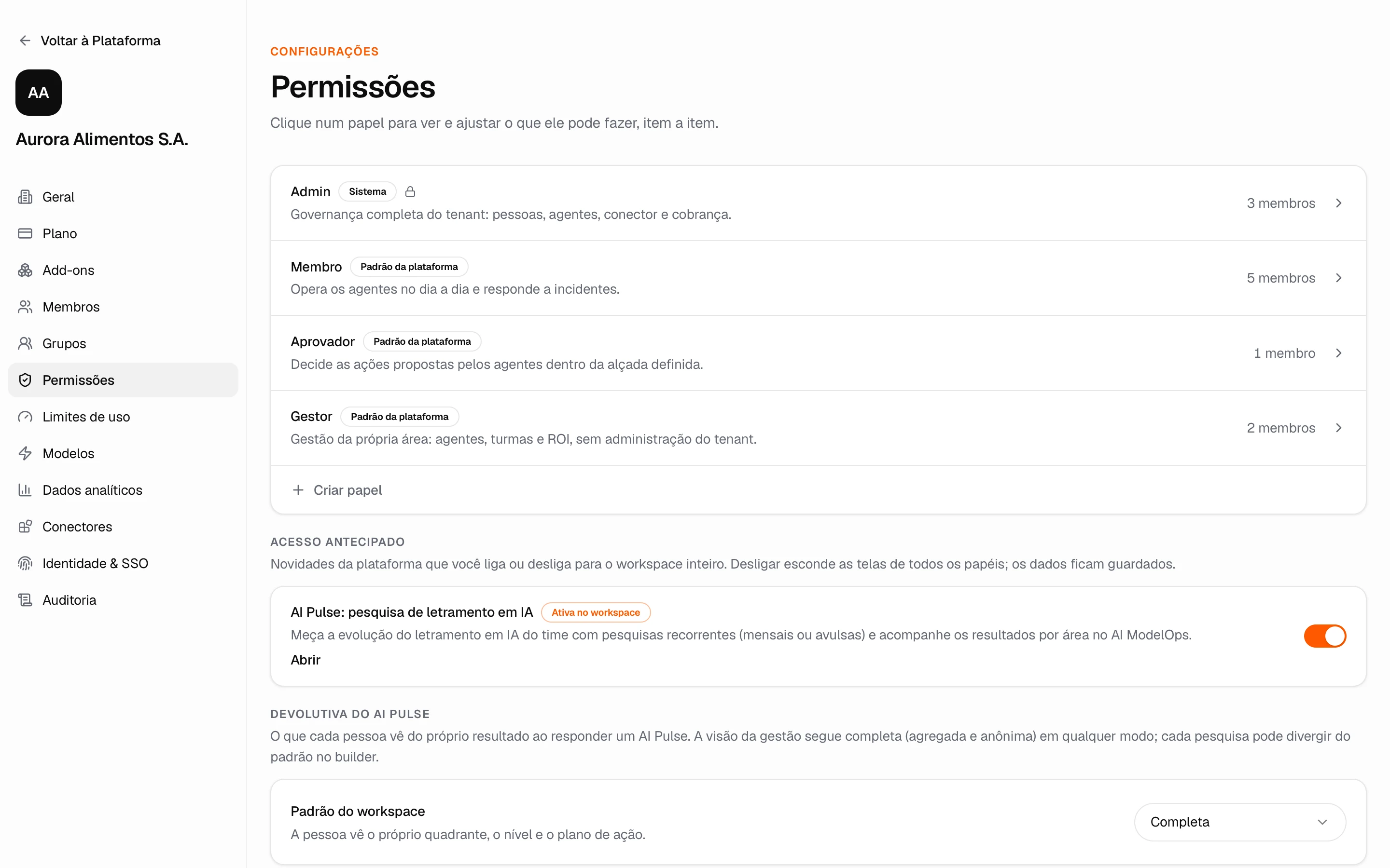 Configurações, Permissões: os papéis e o que cada um libera no menu