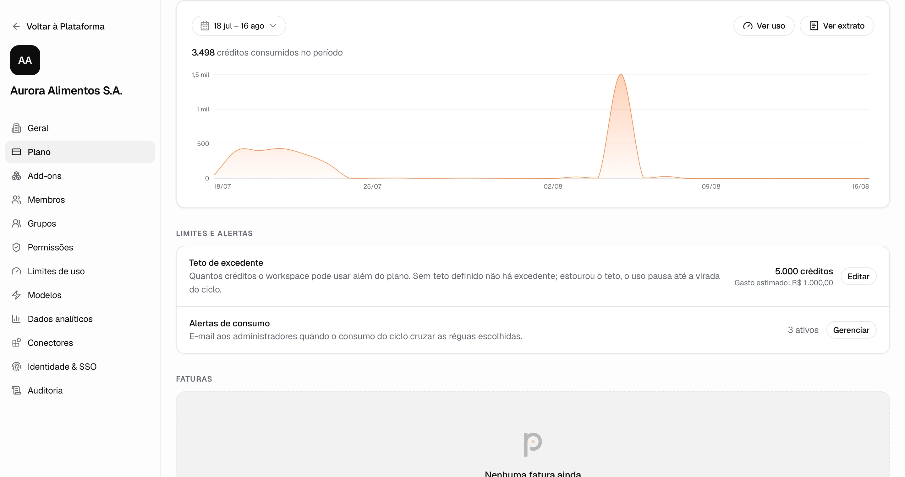 No workspace de empresa o plano vive em Configurações, Plano: consumo do ciclo, limites e faturas
