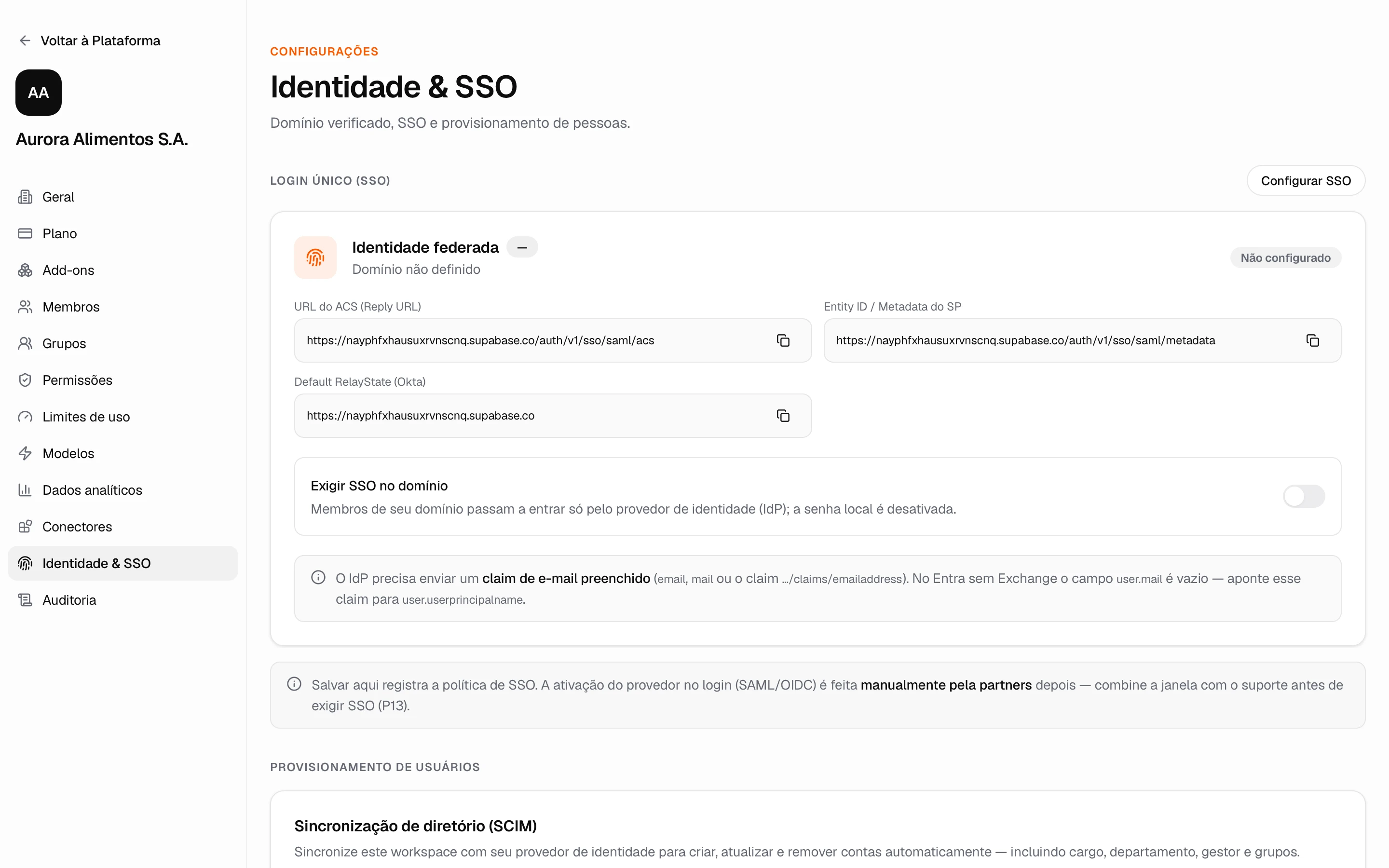 Identidade e SSO: login único e provisionamento de pessoas
