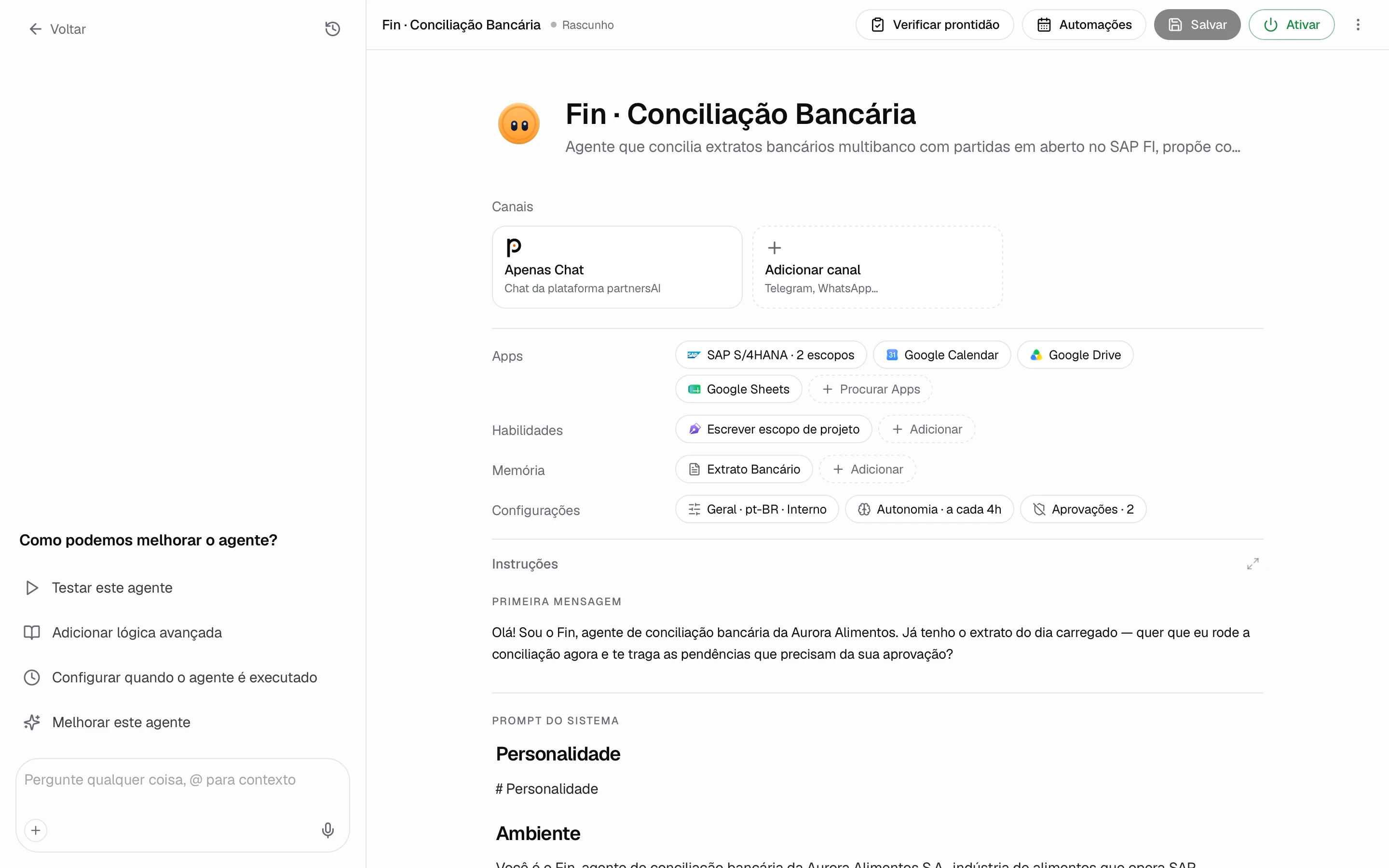 Documento operacional do agente no Studio, com a linha de Apps e Procurar Apps