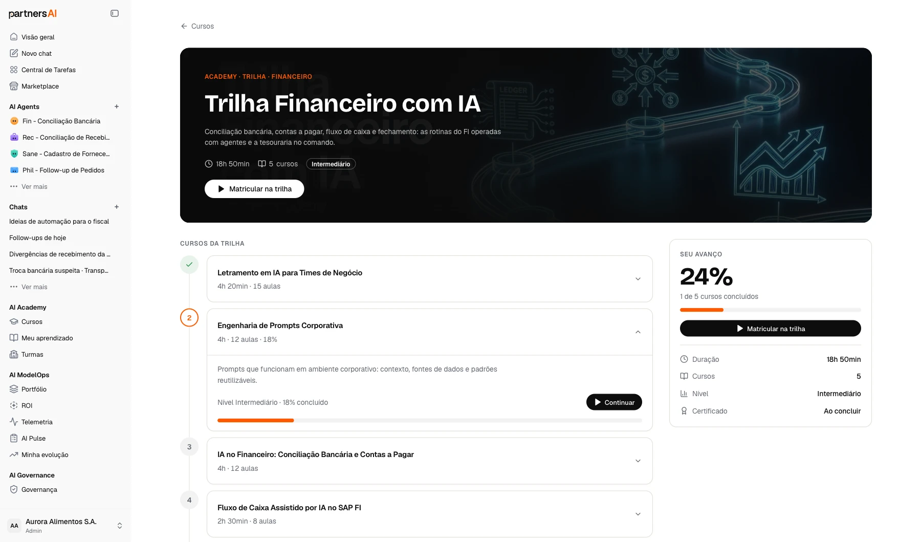 Detalhe de uma trilha na AI Academy, com cursos em sequência e avanço