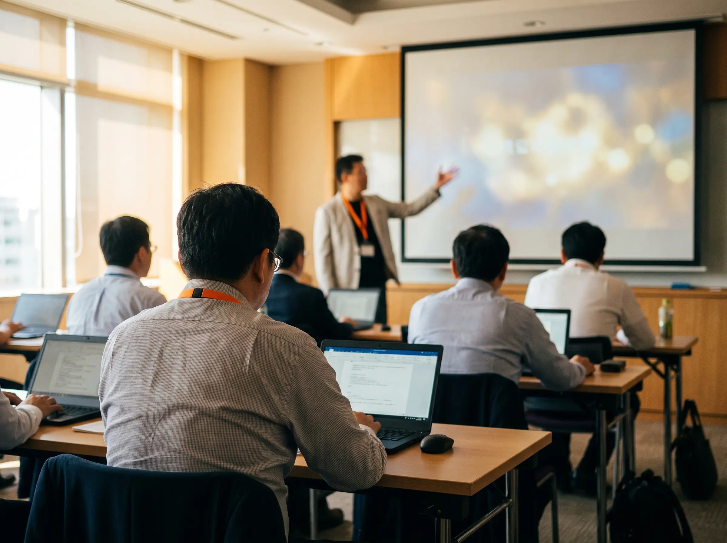 Turma em formação de IA trabalhando com laptops em sala iluminada