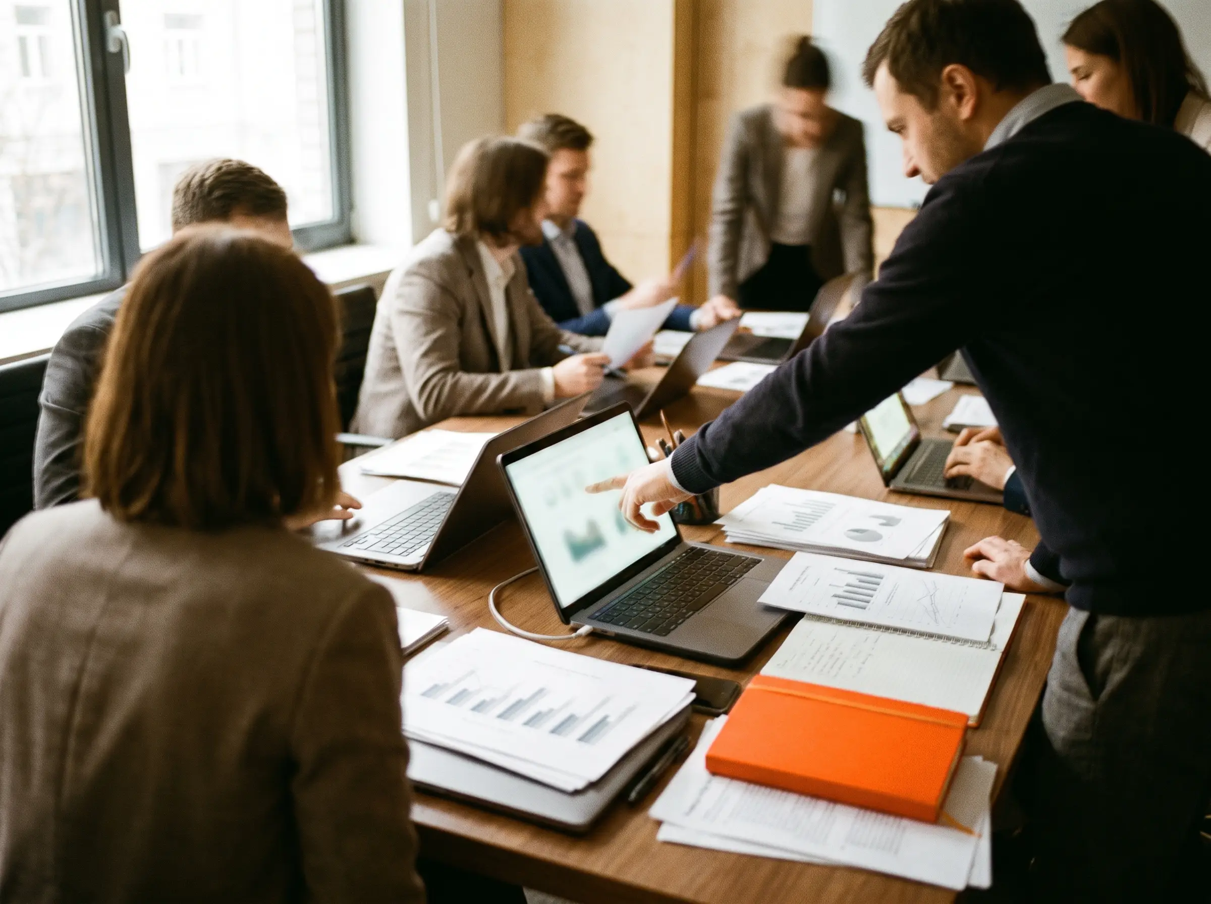 Consultores e time do cliente trabalhando juntos na mesma mesa